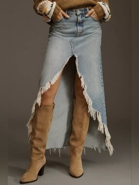 MOTHER The Ditcher Maxi Super Fray Split Denim Jean Skirt Light Blue- 25=0